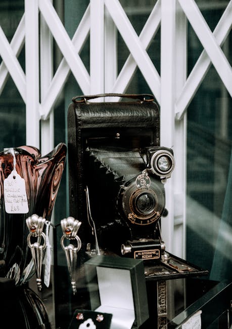 A vintage folding camera with a black leather exterior and metal detailing is positioned on a glass surface inside a property, next to a small display box and a few metal office-style clips. The camera's bellows are extended, indicating it is a functional item, likely used for photography collections or special antique moves. Behind the camera, there is a decorative white lattice or folding screen, which provides a neutral background. The glass surface reflects some objects, and the overall setting appears to be part of a house interior where items are being documented or prepared for packing and moving, suggesting professional handling during a home relocation process by Man with Van Holborn. The ambient lighting highlights the antique camera's details and the arrangement of items suitable for safe transport during a furniture or antique move.